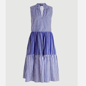 J. Crew Blue Striped Tiered Popover Sleeveless Midi Dress Vacation Summer Spring